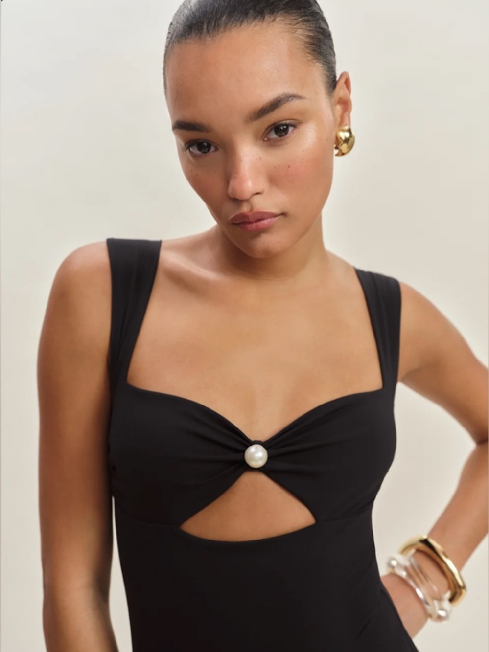 NWT Reformation Valera Black One-Piece Swimsuit with Pearl Accent - Picture 3 of 11